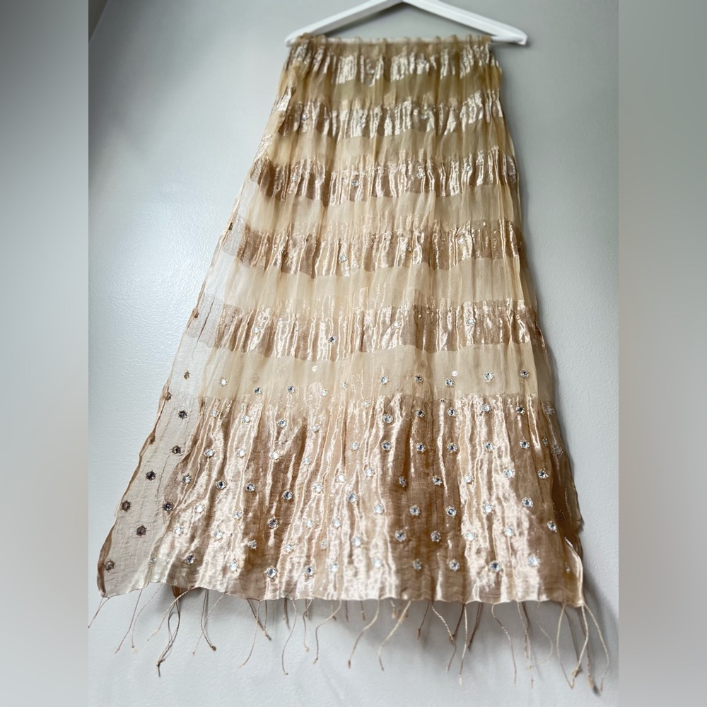 Gold Metallic Silk Vintage Embellished 3D Sheer Organza Scarf Wrap Shawl VTG